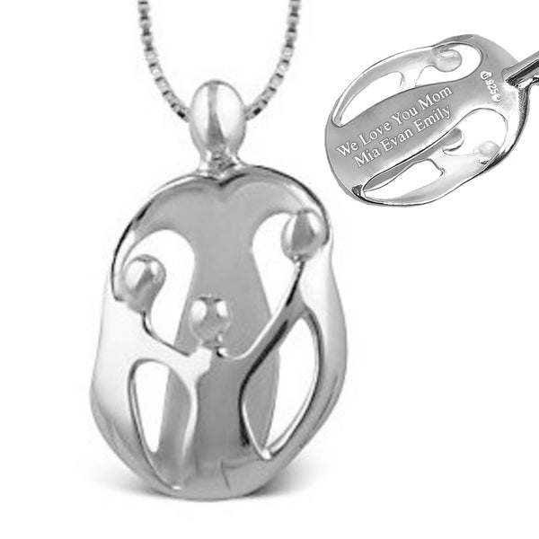 1 Parent 3 Children Loving Family Personalized Engraved Sterling Silver Pendant on 16-20" Chain